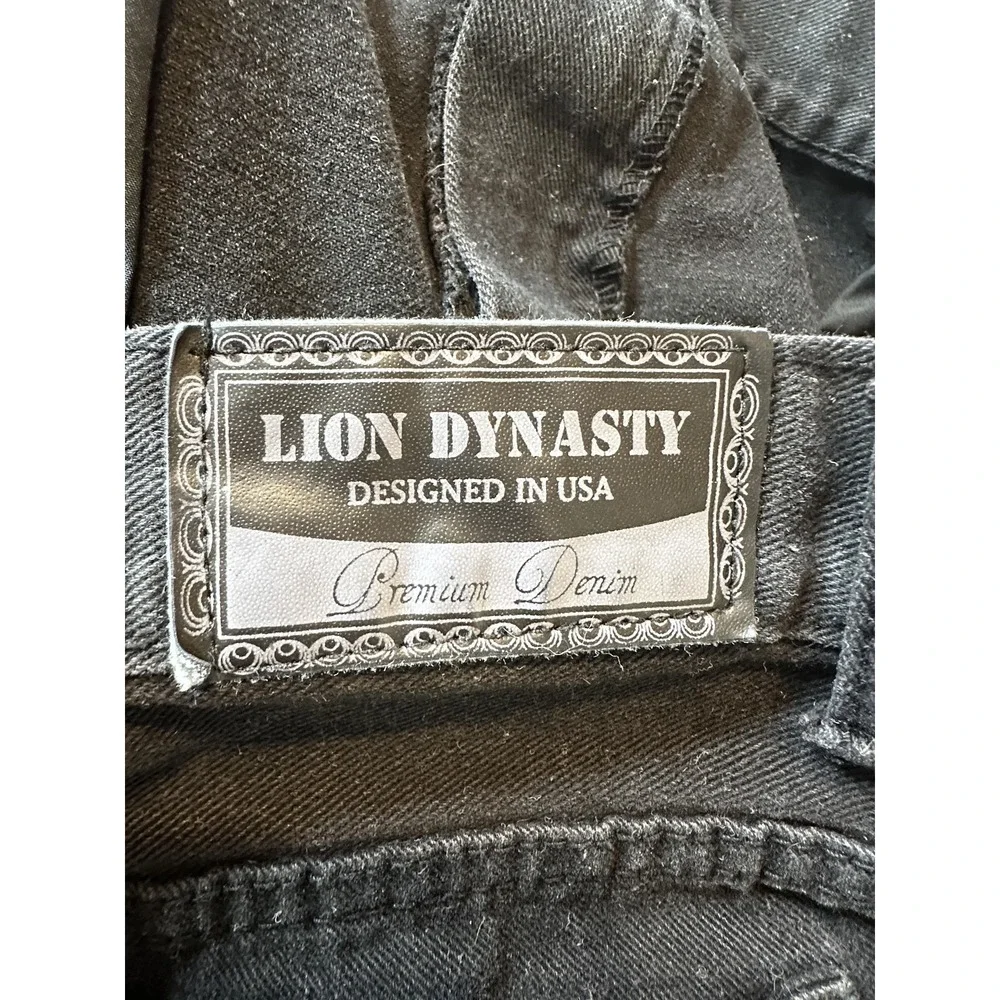 Lion Dynasty Jeans Mens 42x30 Black Denim Moto Biker Ribbed Red Checkered Stripe
